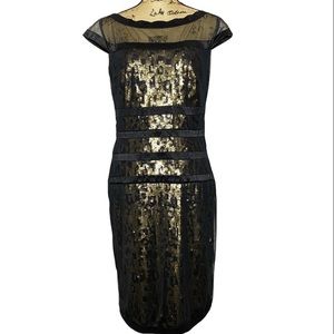 Tadashi Shoji Black Gold Sequin Mesh Dress
